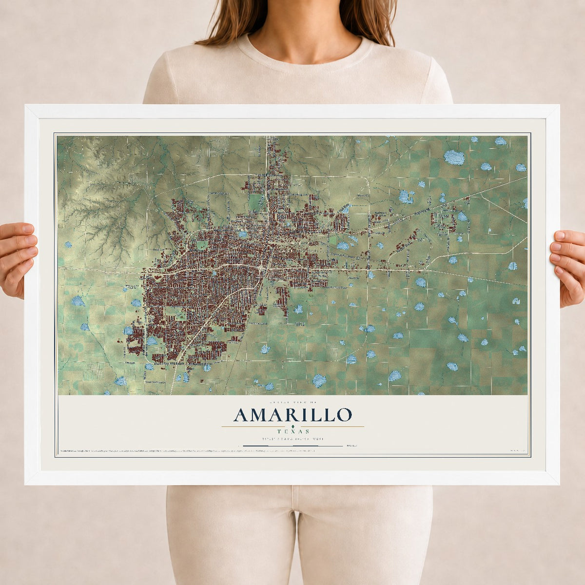 Map of Amarillo, Texas, 18 x 24 inch print in a white wood frame