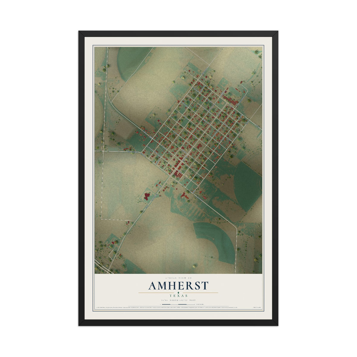 Map of Amherst, Texas, 12 x 18 inch print in a black wood frame