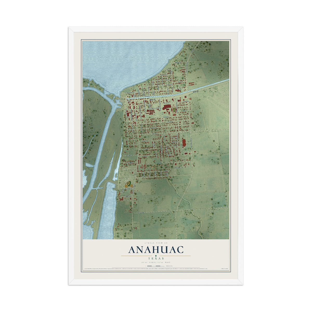 Map of Anahuac, Texas, 12 x 18 inch print in a white wood frame