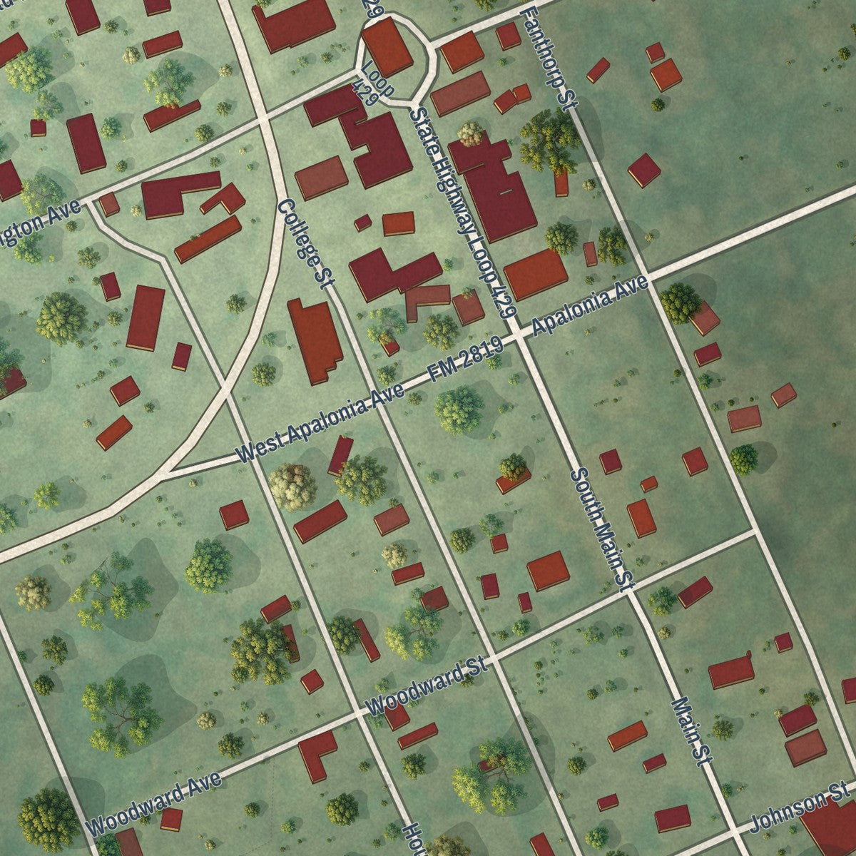 Close-up of the map of Anderson, Texas print showing street and building detail