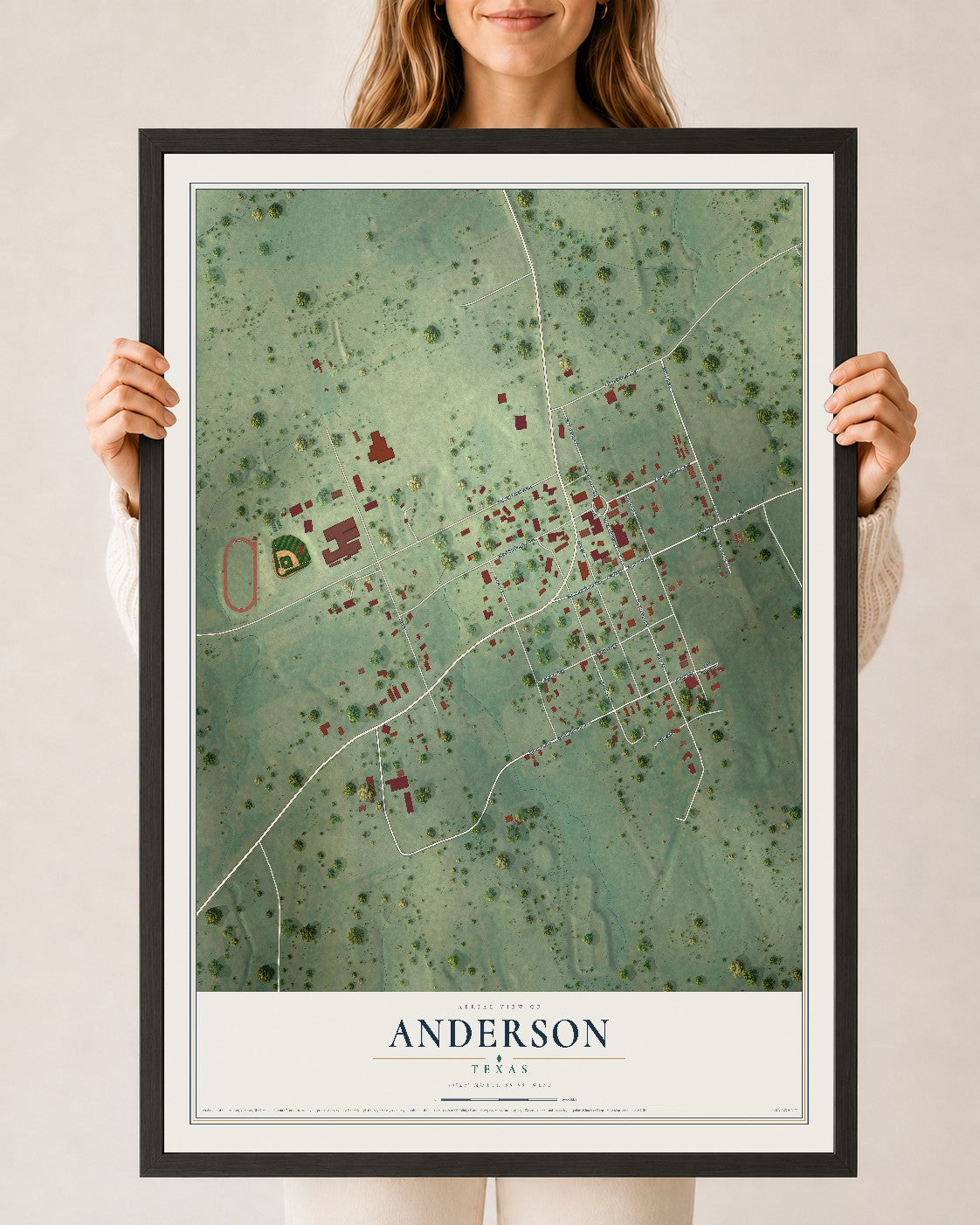 Map of Anderson, Texas, 24 x 36 inch print in a black wood frame