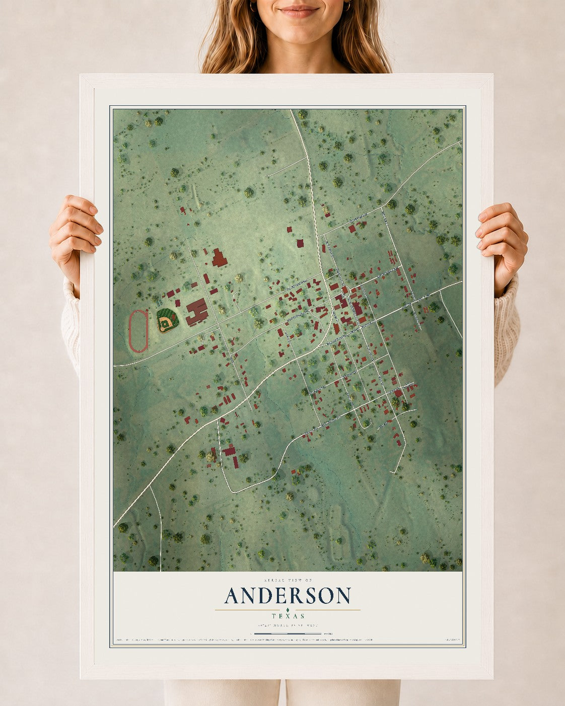 Map of Anderson, Texas, 24 x 36 inch print in a white wood frame