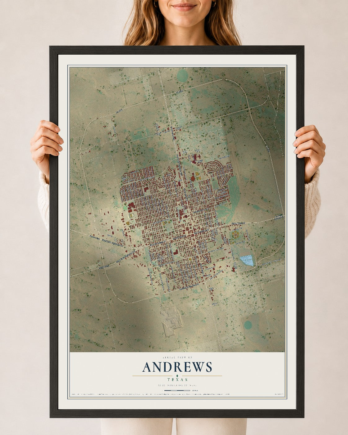 Map of Andrews, Texas, 24 x 36 inch print in a black wood frame