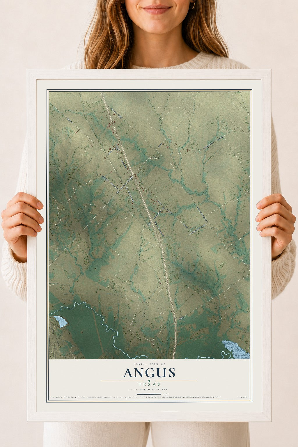 Map of Angus, Texas, 18 x 24 inch print in a white wood frame