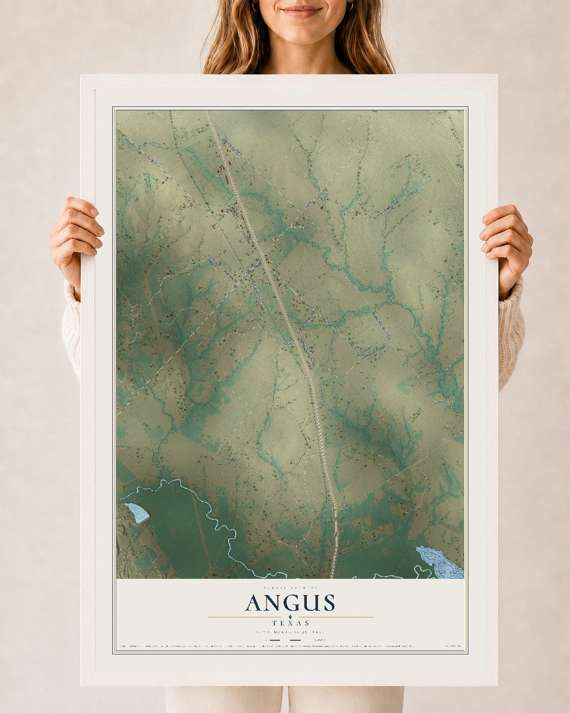 Map of Angus, Texas, 24 x 36 inch print in a white wood frame