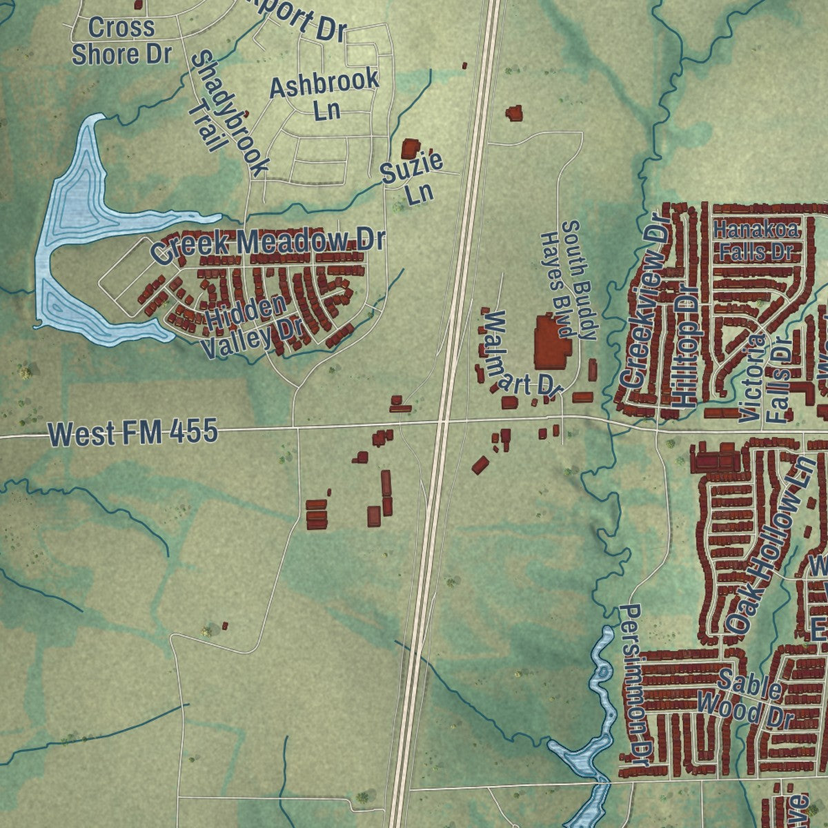 Second close-up of the map of Anna, Texas print showing more streets and buildings