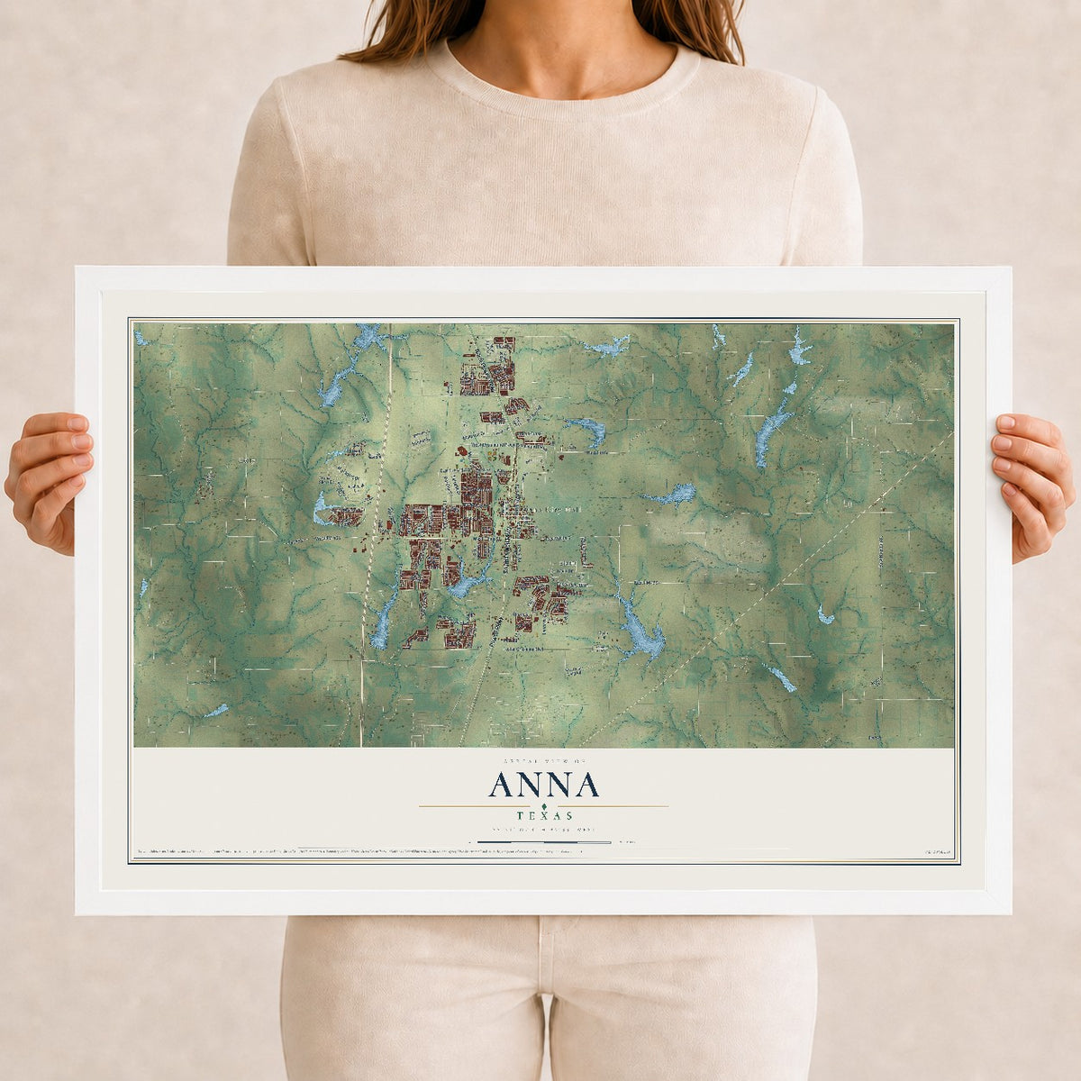 Map of Anna, Texas, 12 x 18 inch print in a white wood frame