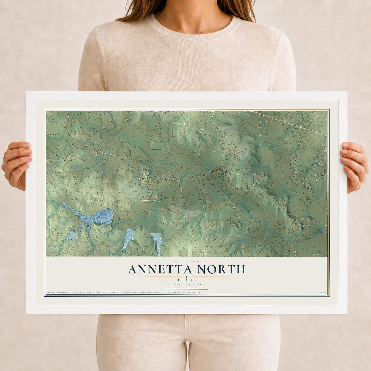 Map of Annetta North, Texas, 12 x 18 inch print in a white wood frame
