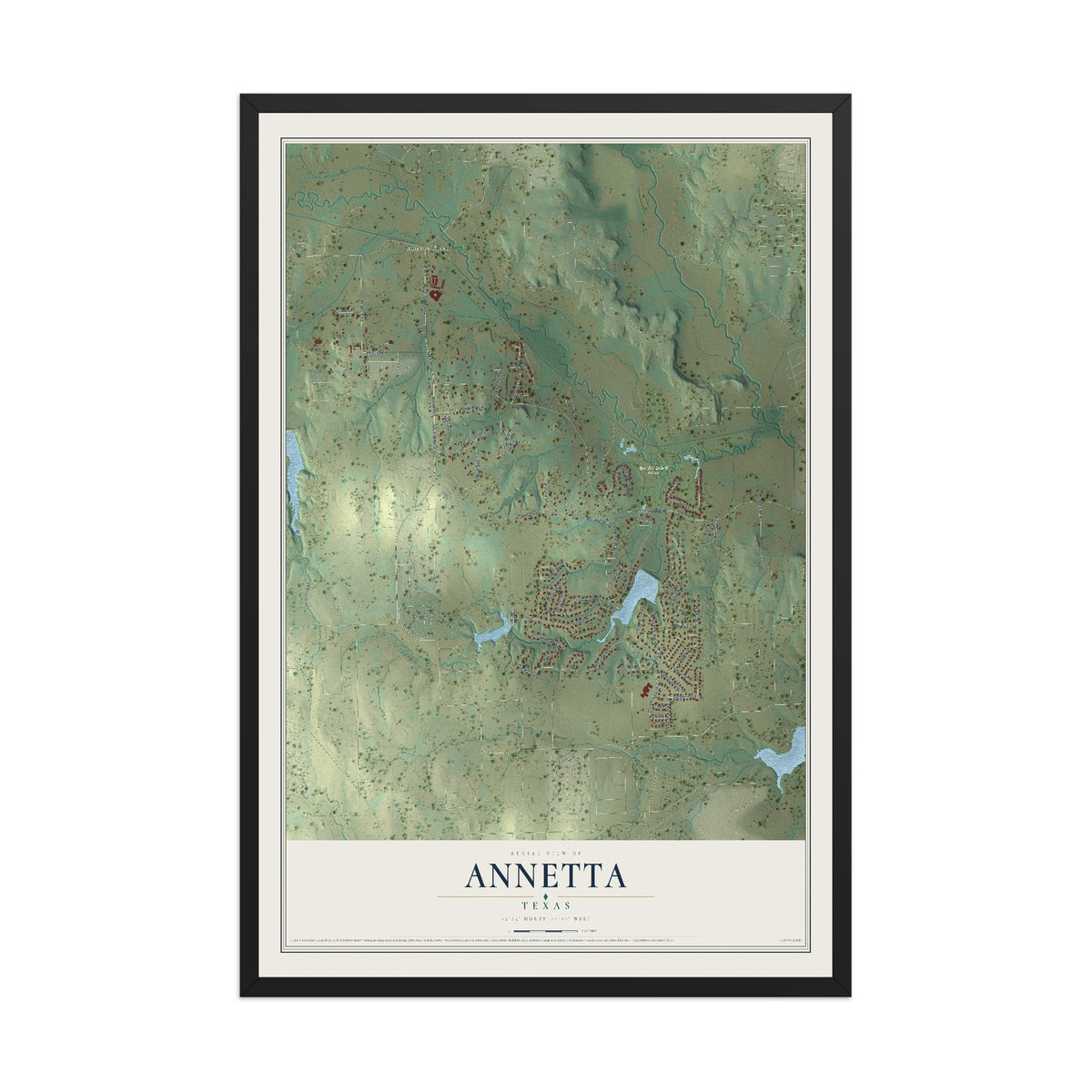 Map of Annetta, Texas, 12 x 18 inch print in a black wood frame