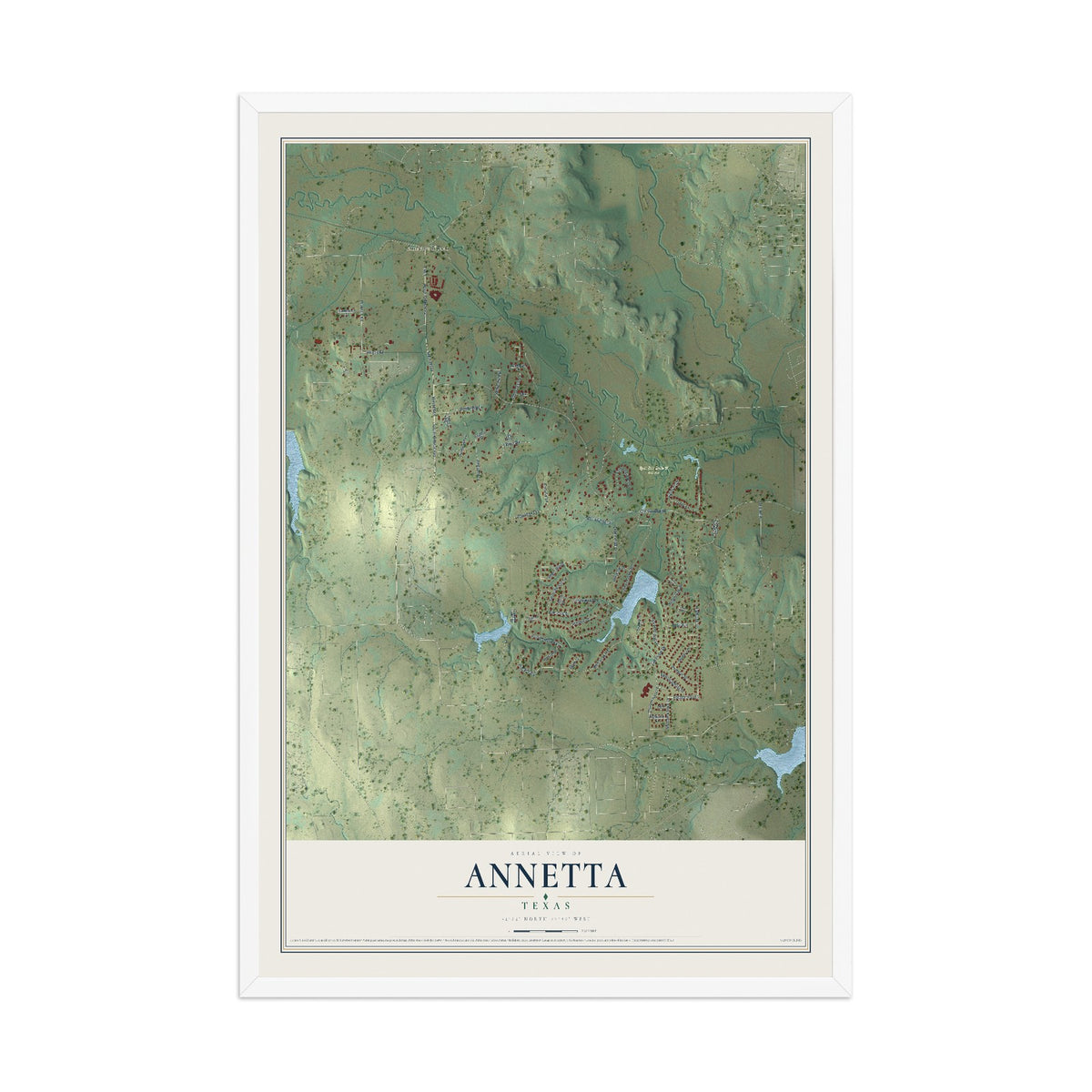 Map of Annetta, Texas, 12 x 18 inch print in a white wood frame