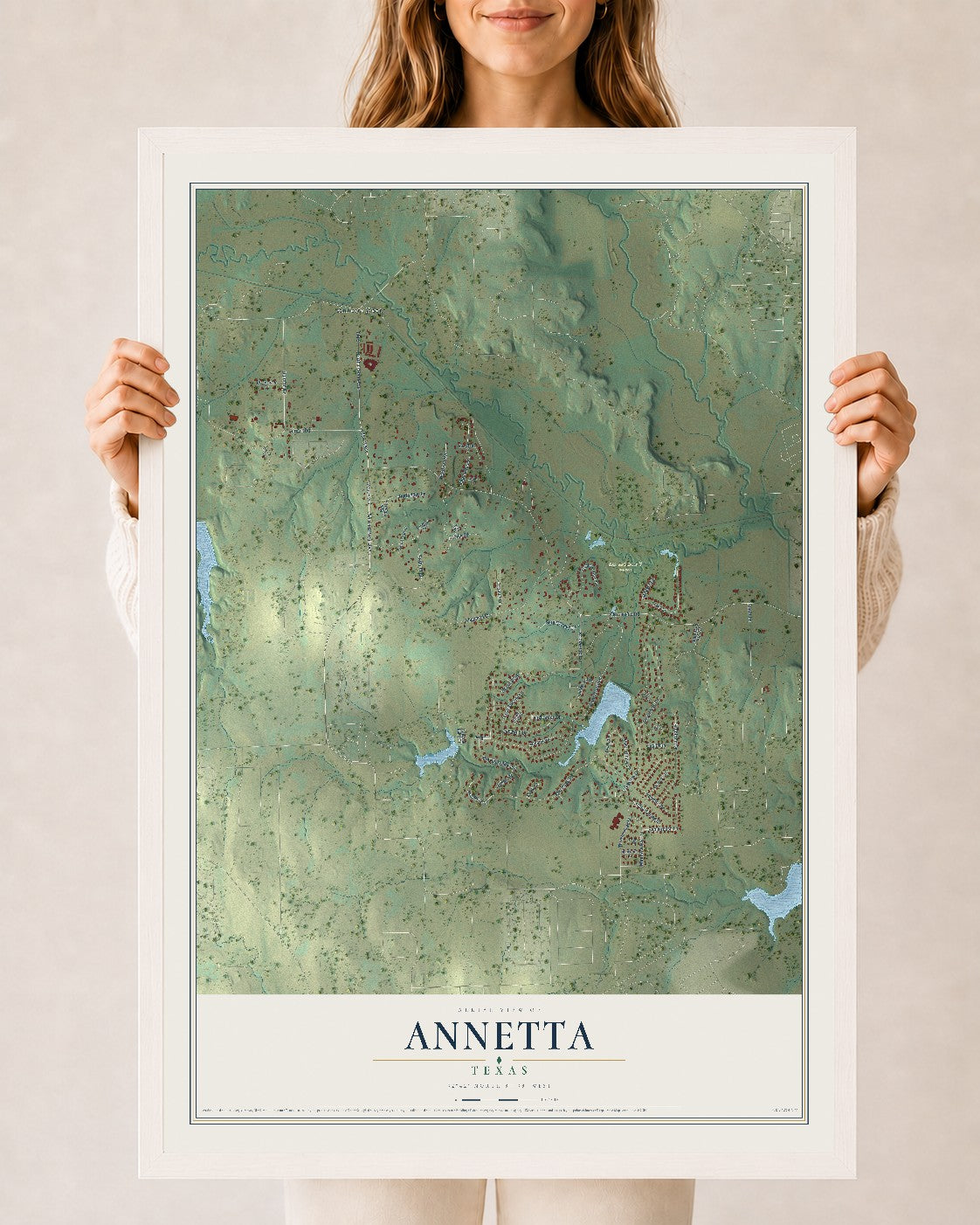 Map of Annetta, Texas, 24 x 36 inch print in a white wood frame