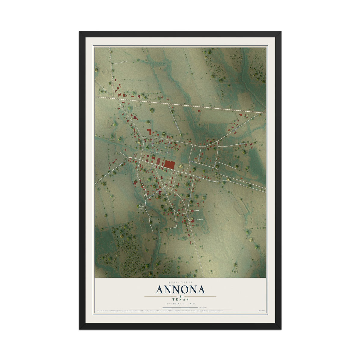 Map of Annona, Texas, 12 x 18 inch print in a black wood frame