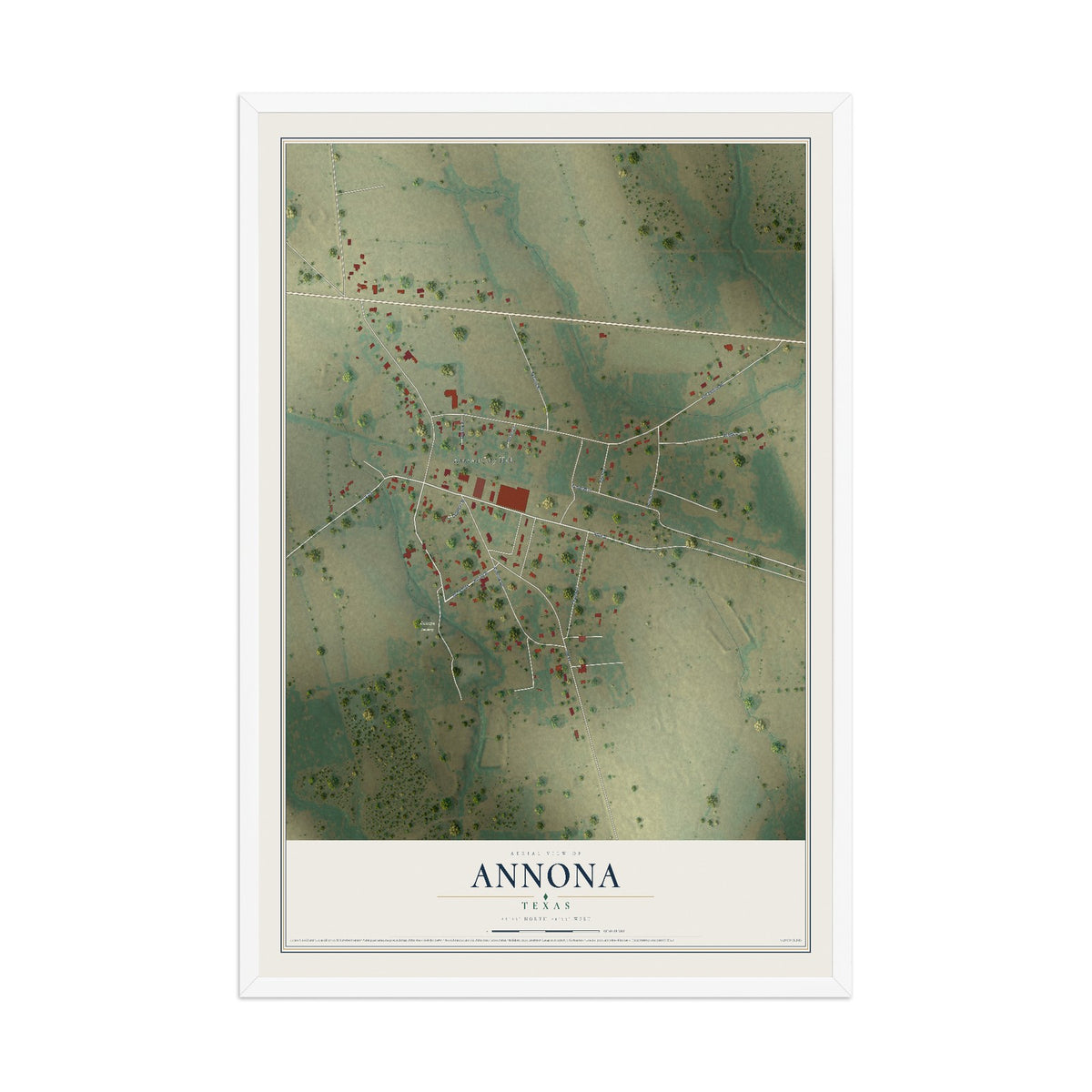 Map of Annona, Texas, 12 x 18 inch print in a white wood frame