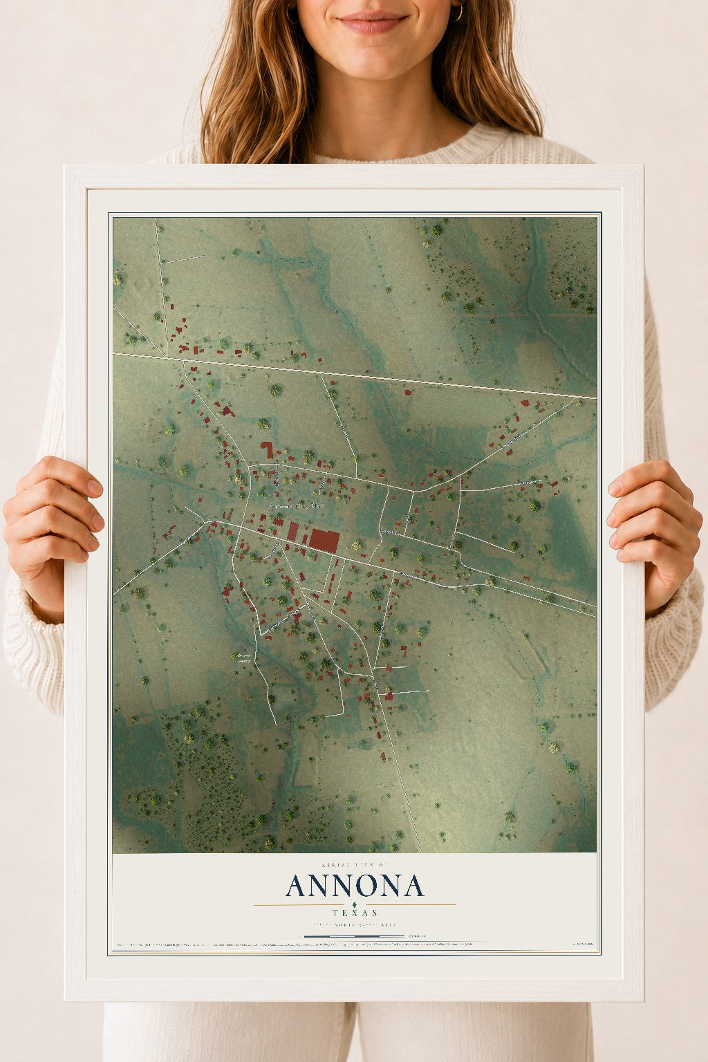 Map of Annona, Texas, 18 x 24 inch print in a white wood frame