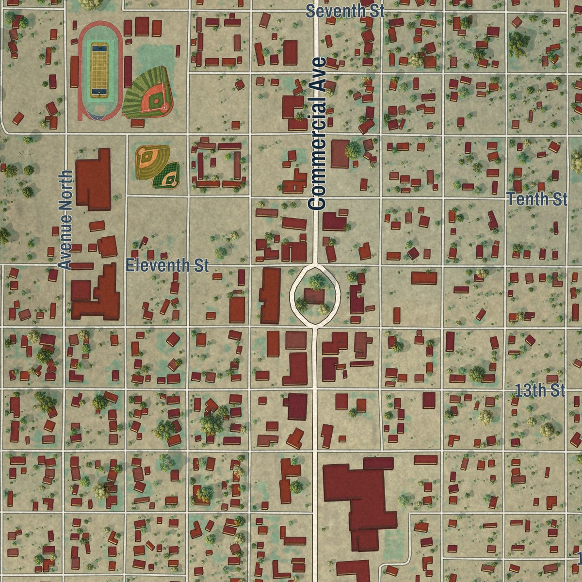 Close-up of the map of Anson, Texas print showing street and building detail