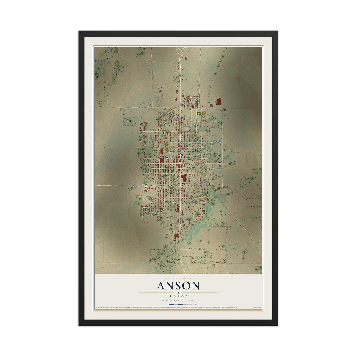 Map of Anson, Texas, 12 x 18 inch print in a black wood frame