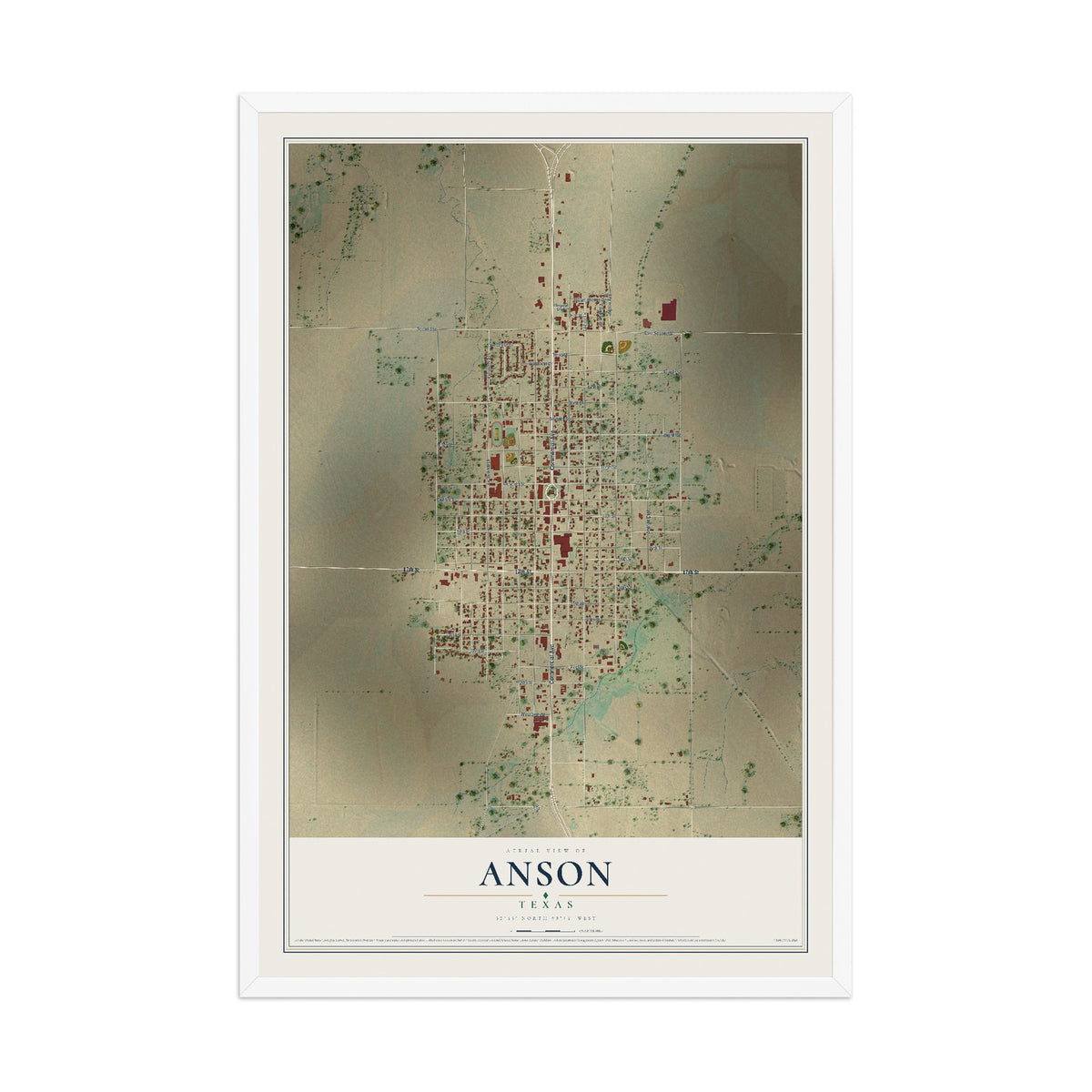 Map of Anson, Texas, 12 x 18 inch print in a white wood frame