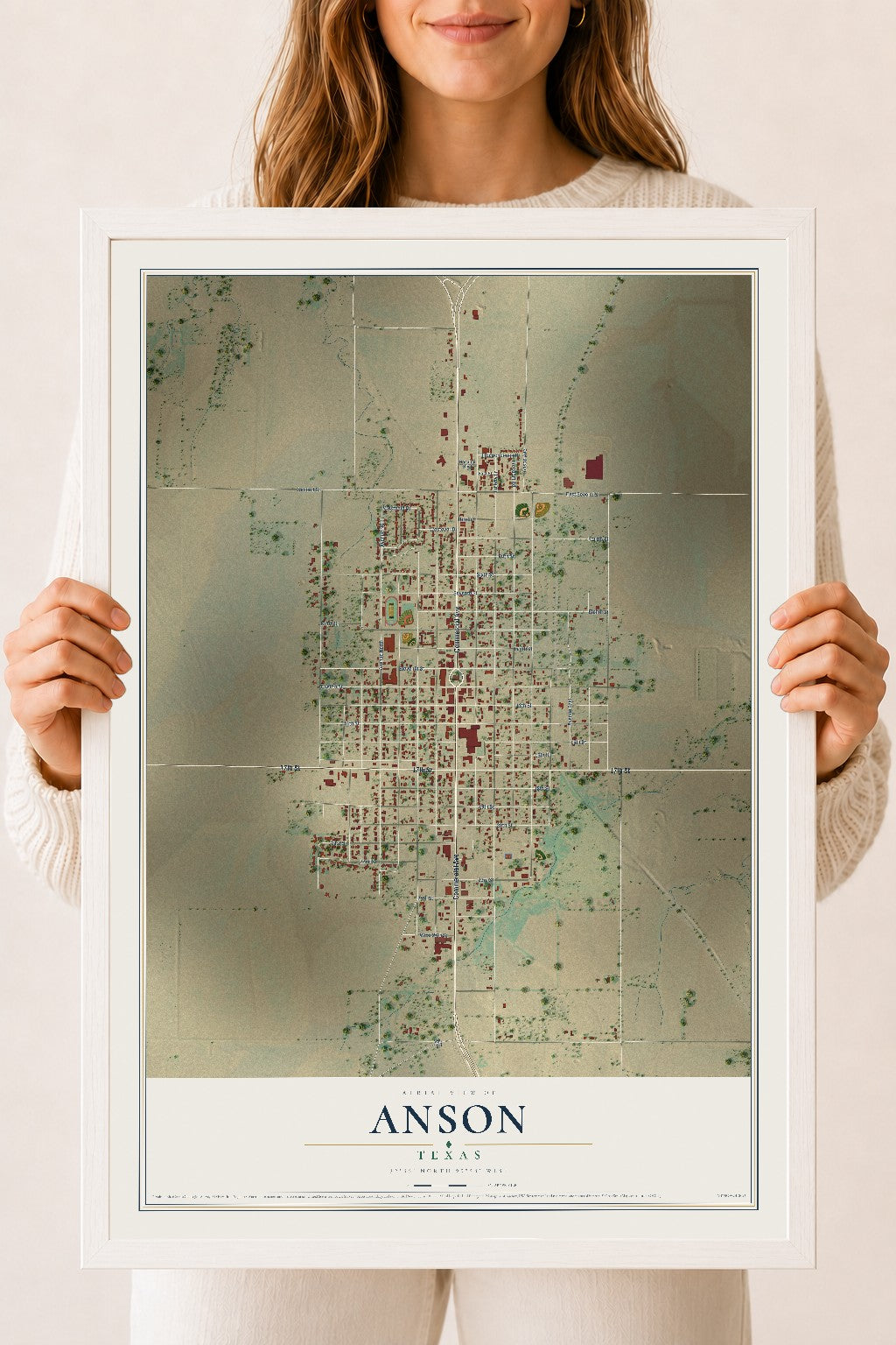 Map of Anson, Texas, 18 x 24 inch print in a white wood frame