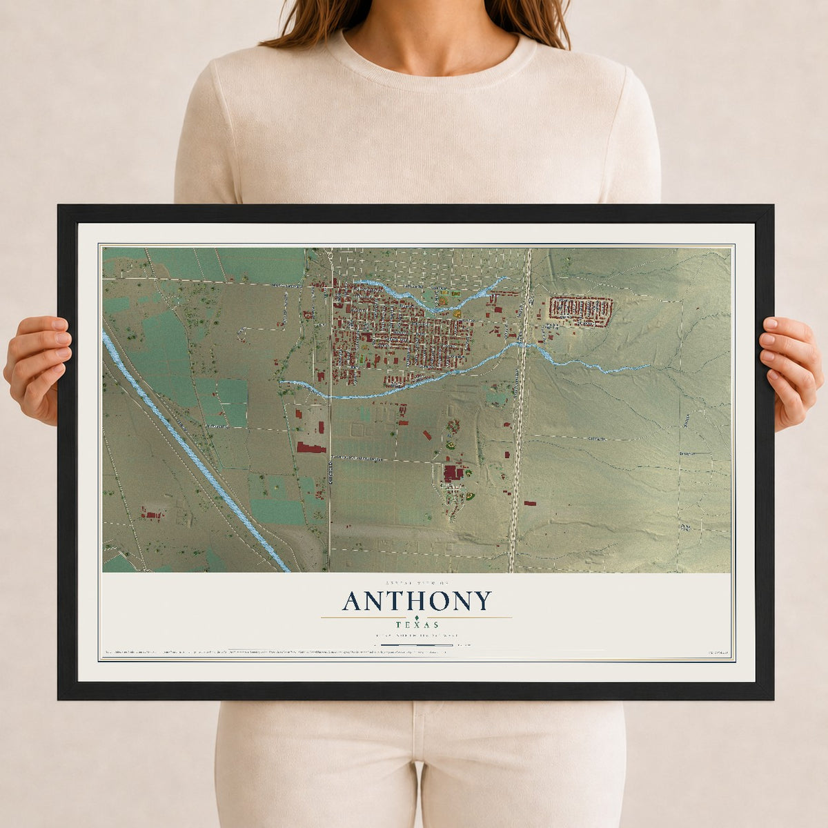 Map of Anthony, Texas, 12 x 18 inch print in a black wood frame