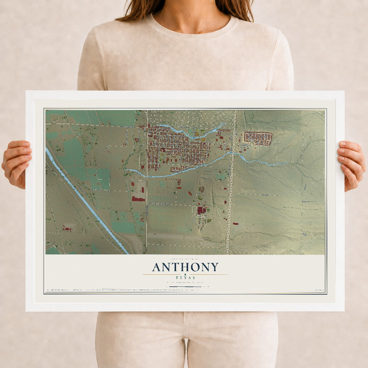 Map of Anthony, Texas, 12 x 18 inch print in a white wood frame