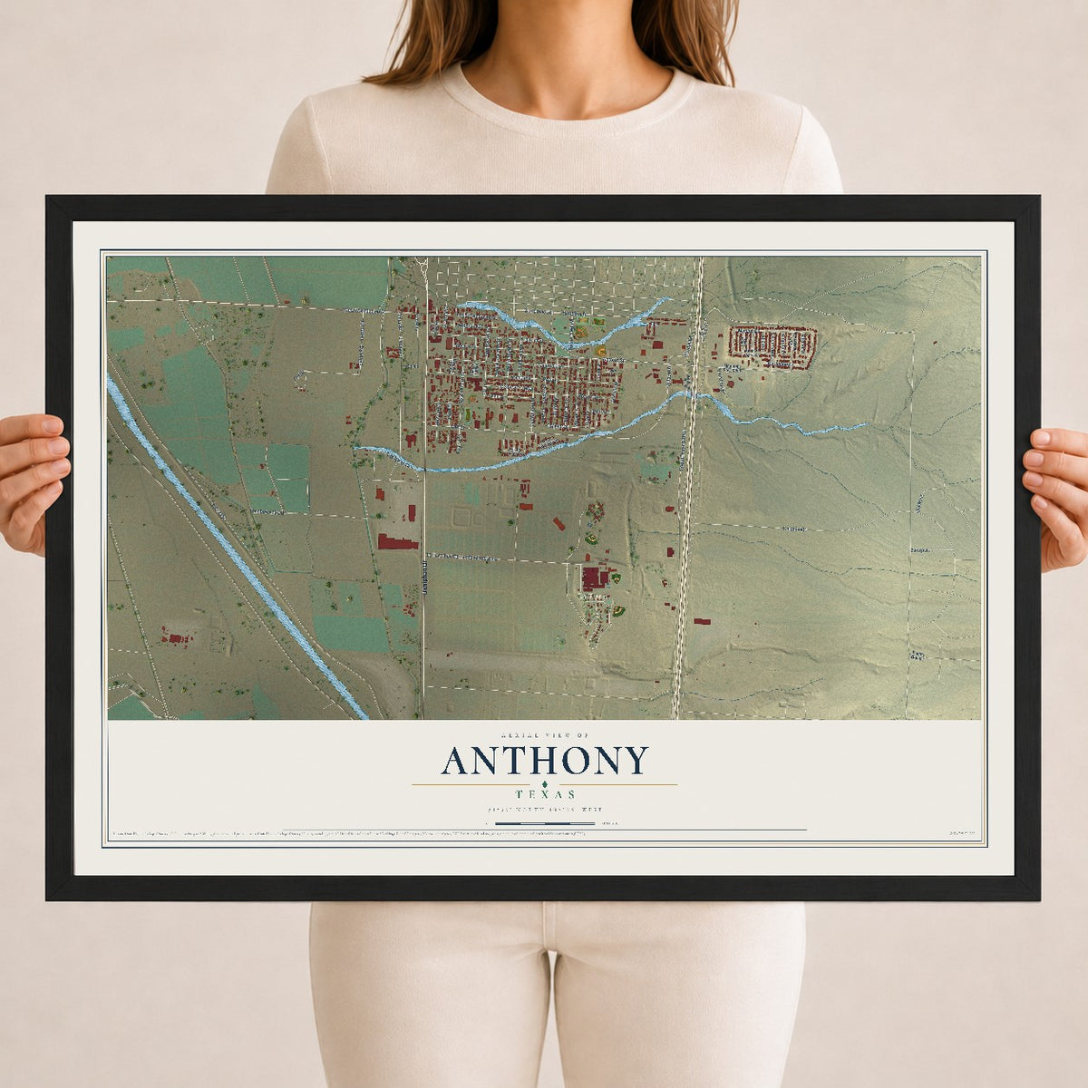 Map of Anthony, Texas, 18 x 24 inch print in a black wood frame