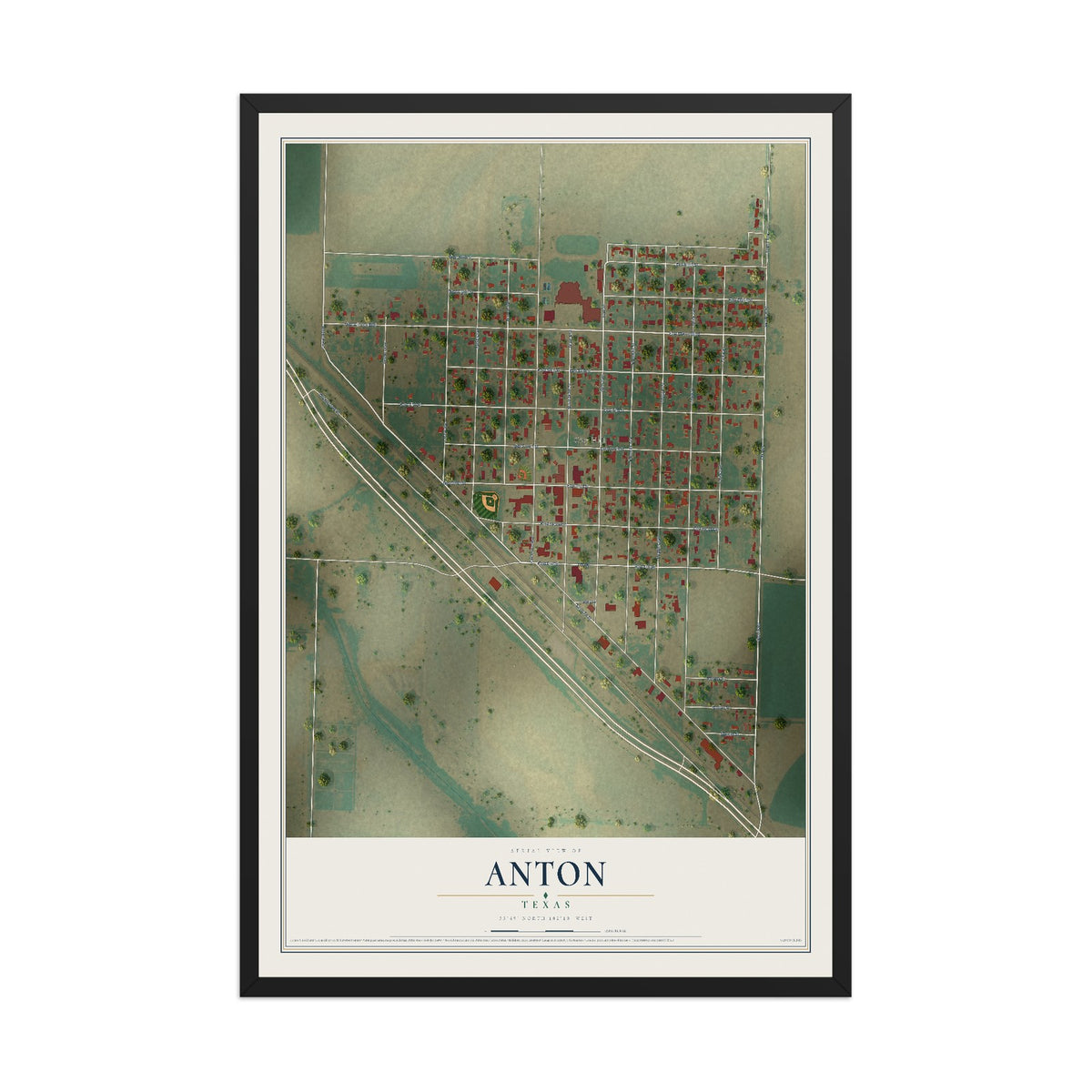 Map of Anton, Texas, 12 x 18 inch print in a black wood frame
