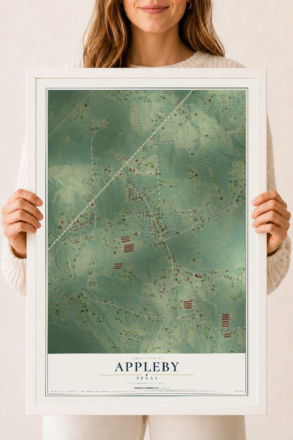 Map of Appleby, Texas, 18 x 24 inch print in a white wood frame