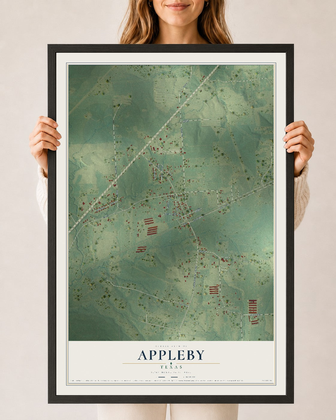 Map of Appleby, Texas, 24 x 36 inch print in a black wood frame