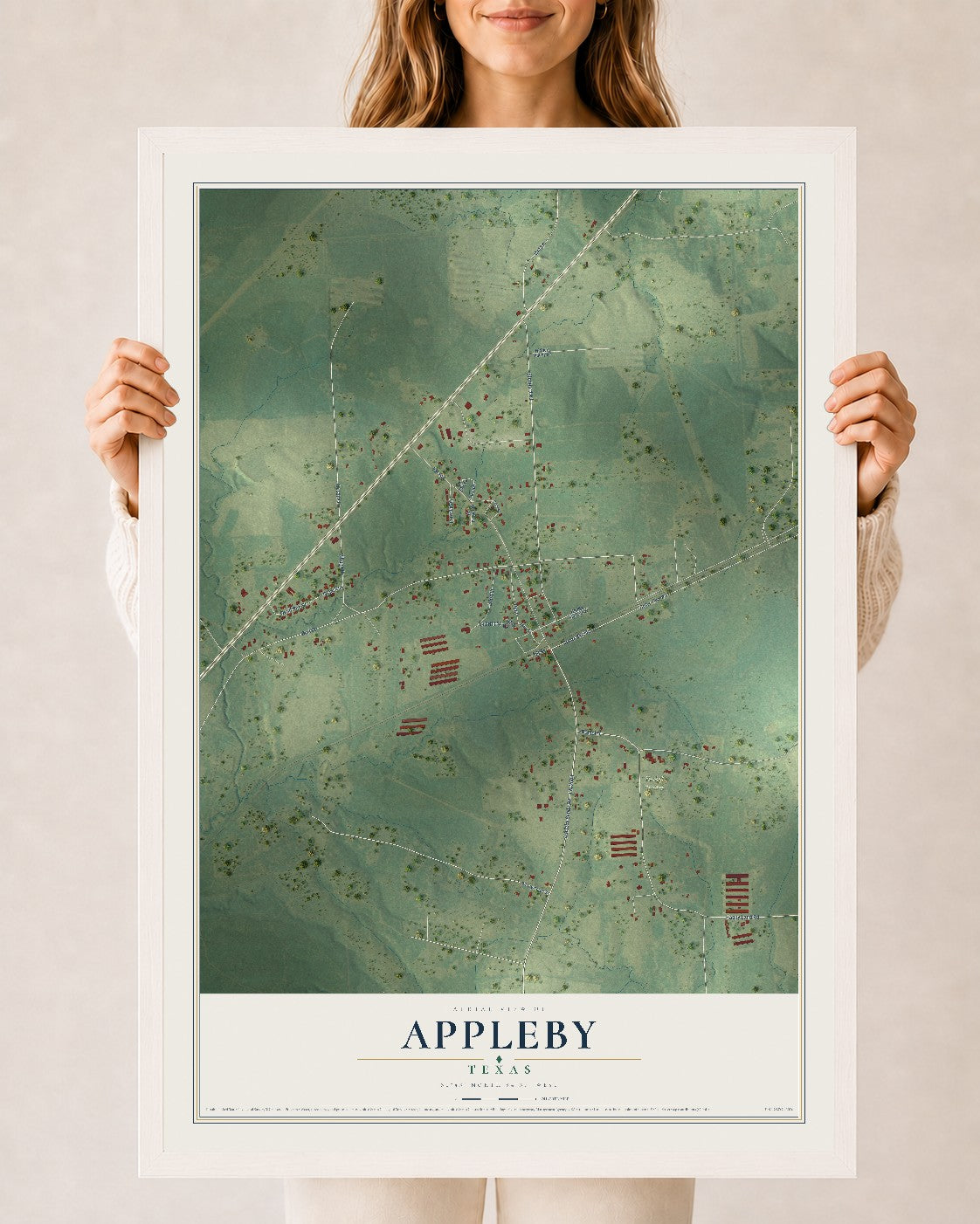 Map of Appleby, Texas, 24 x 36 inch print in a white wood frame