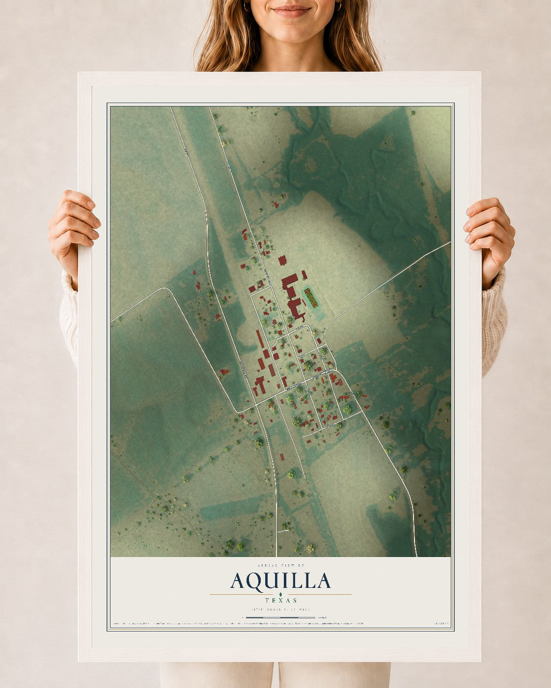 Map of Aquilla, Texas, 24 x 36 inch print in a white wood frame