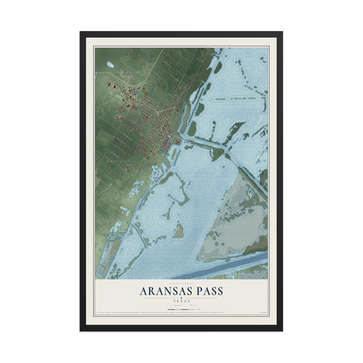 Map of Aransas Pass, Texas, 12 x 18 inch print in a black wood frame