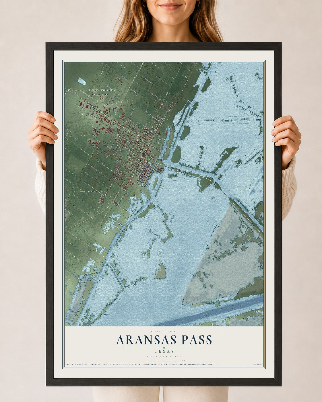 Map of Aransas Pass, Texas, 24 x 36 inch print in a black wood frame