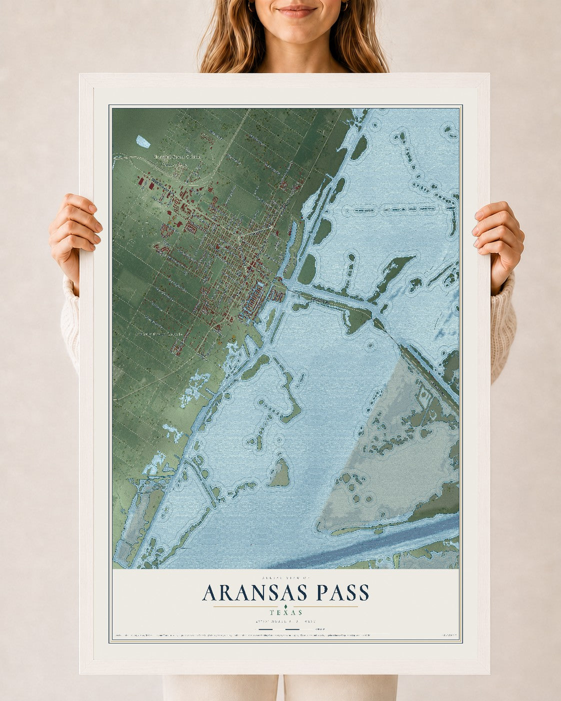 Map of Aransas Pass, Texas, 24 x 36 inch print in a white wood frame