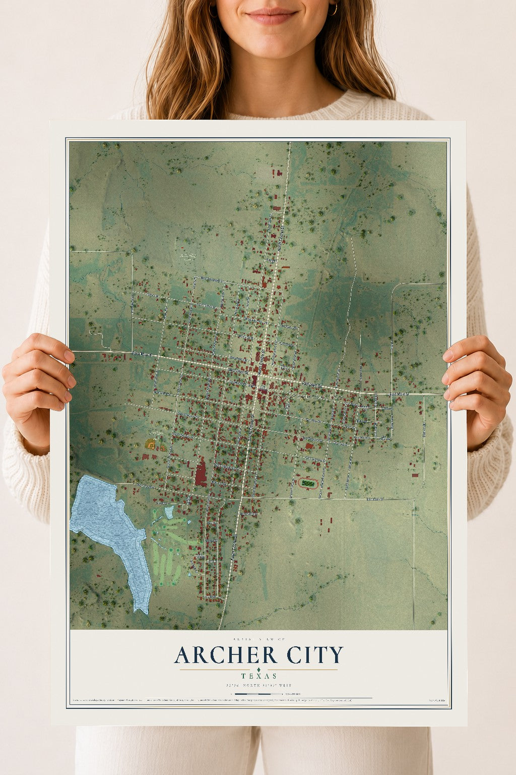 Map of Archer City, Texas, 18 x 24 inch unframed archival matte print