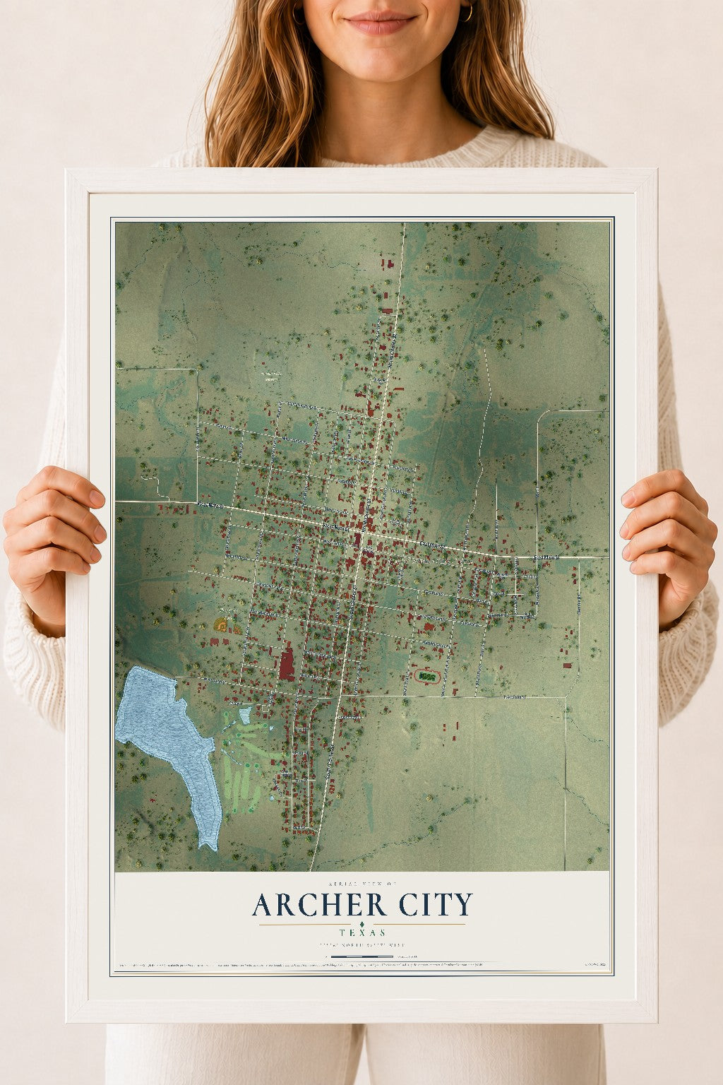 Map of Archer City, Texas, 18 x 24 inch print in a white wood frame
