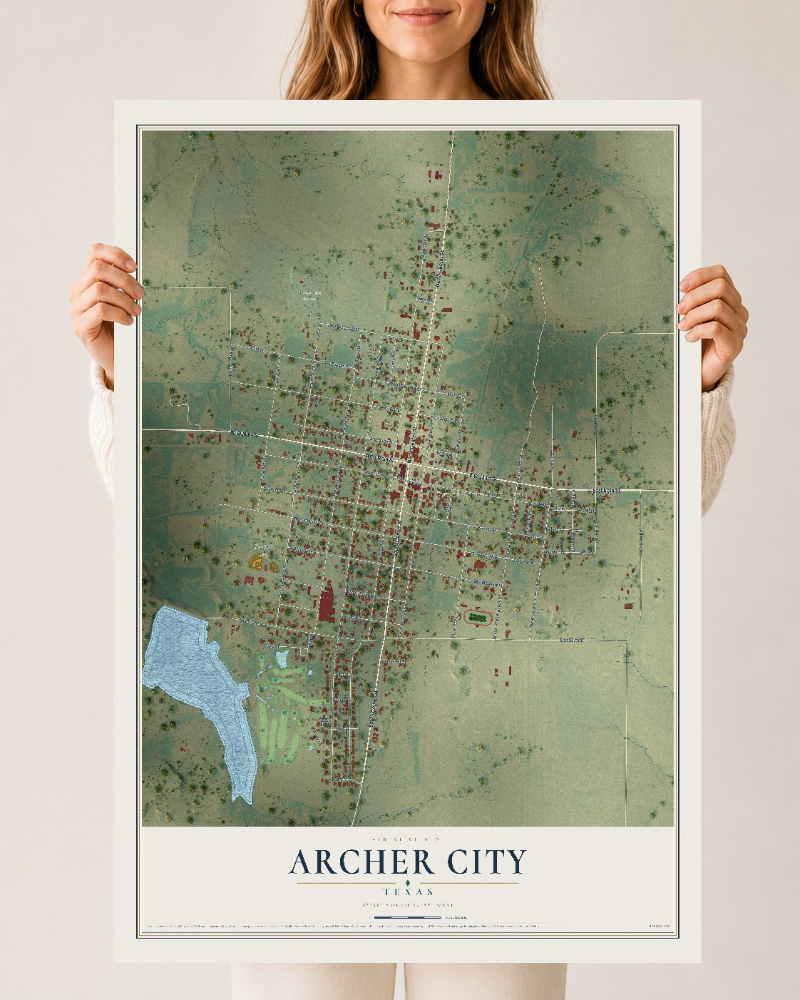 Map of Archer City, Texas, 24 x 36 inch unframed archival matte print