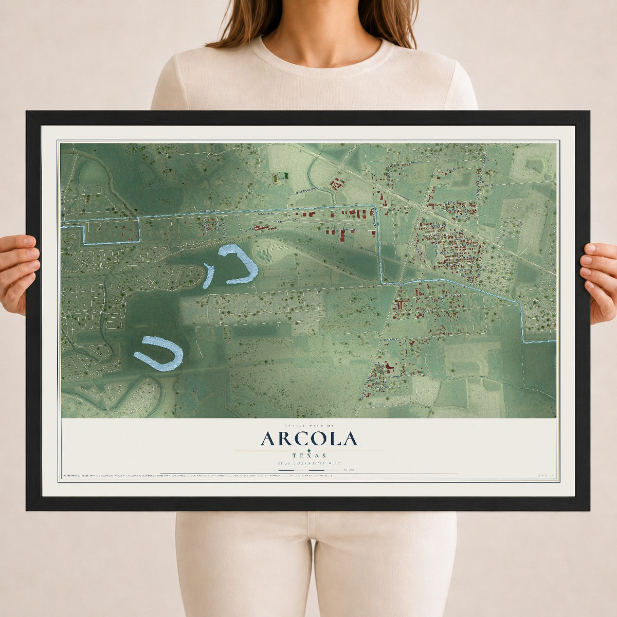 Map of Arcola, Texas, 18 x 24 inch print in a black wood frame