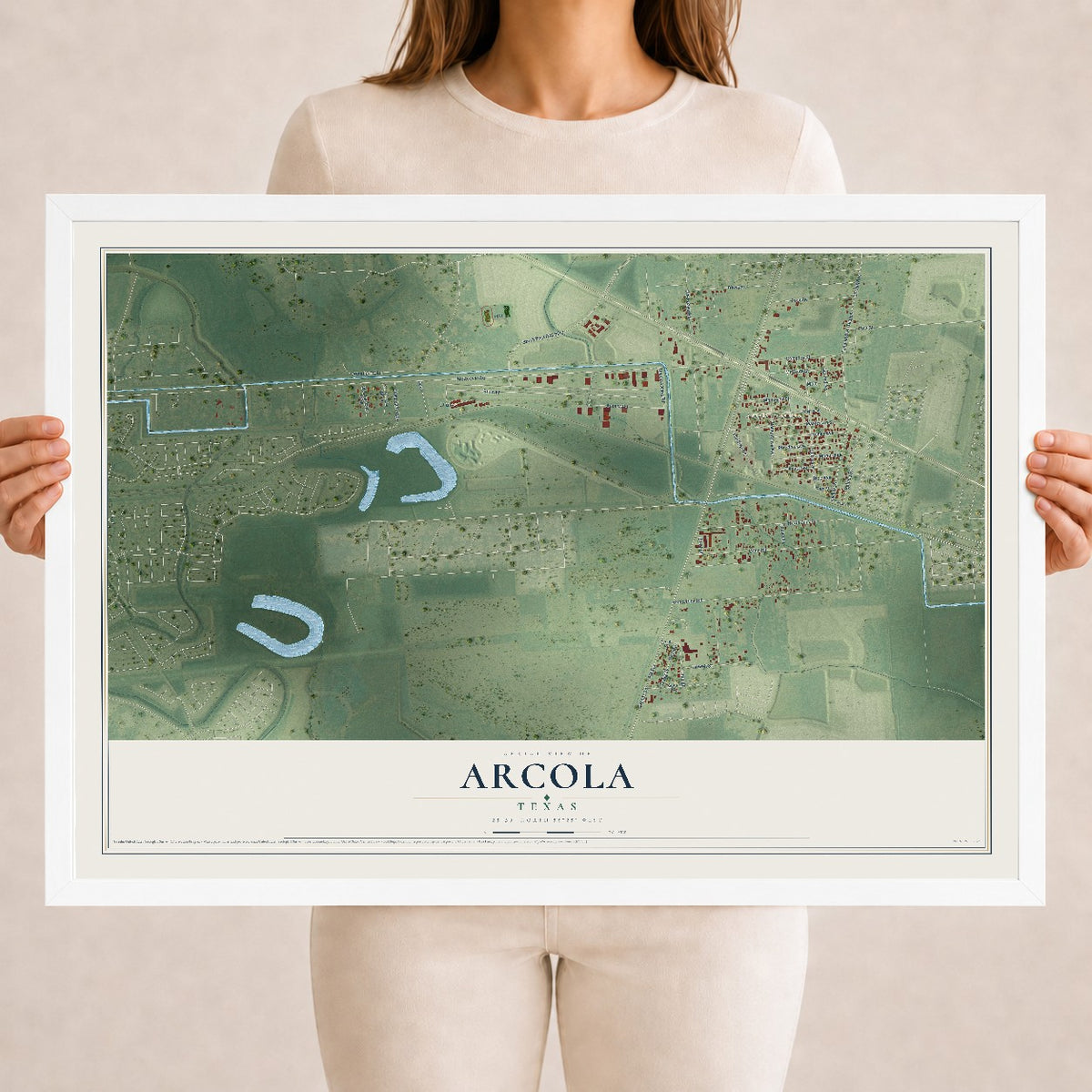 Map of Arcola, Texas, 18 x 24 inch print in a white wood frame