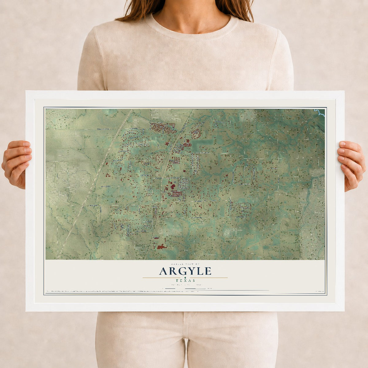 Map of Argyle, Texas, 12 x 18 inch print in a white wood frame