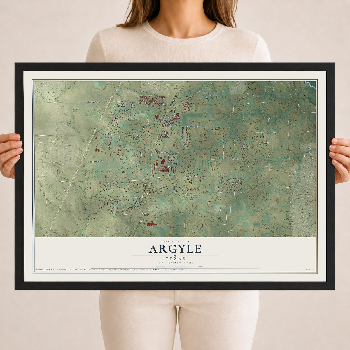 Map of Argyle, Texas, 18 x 24 inch print in a black wood frame