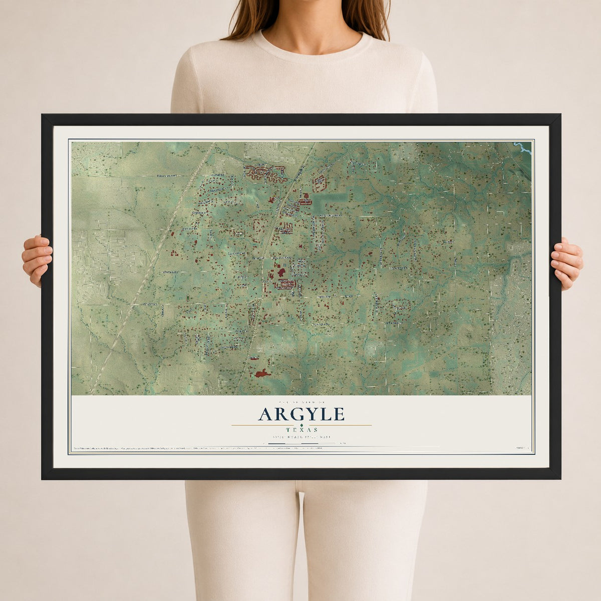 Map of Argyle, Texas, 24 x 36 inch print in a black wood frame