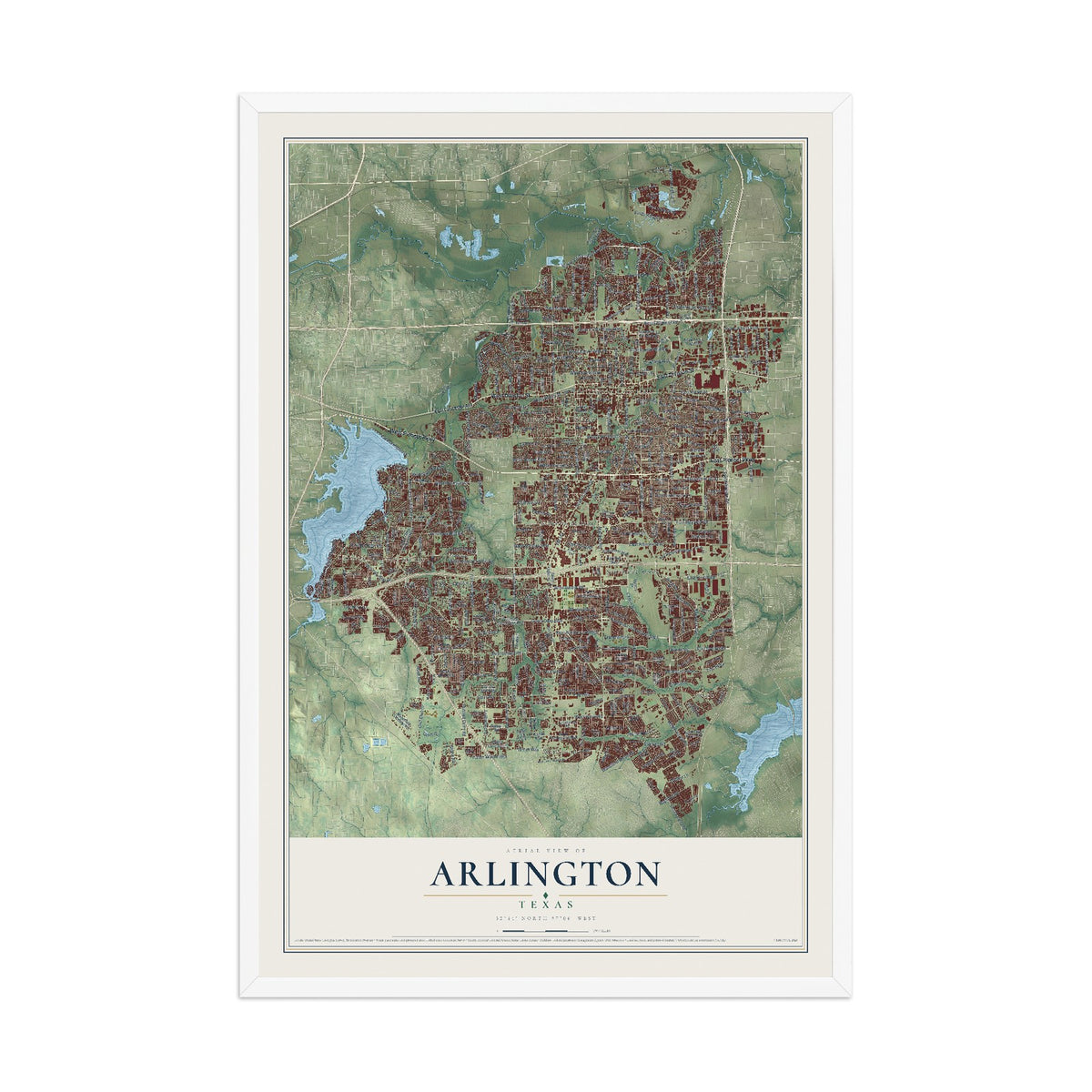 Map of Arlington, Texas, 12 x 18 inch print in a white wood frame