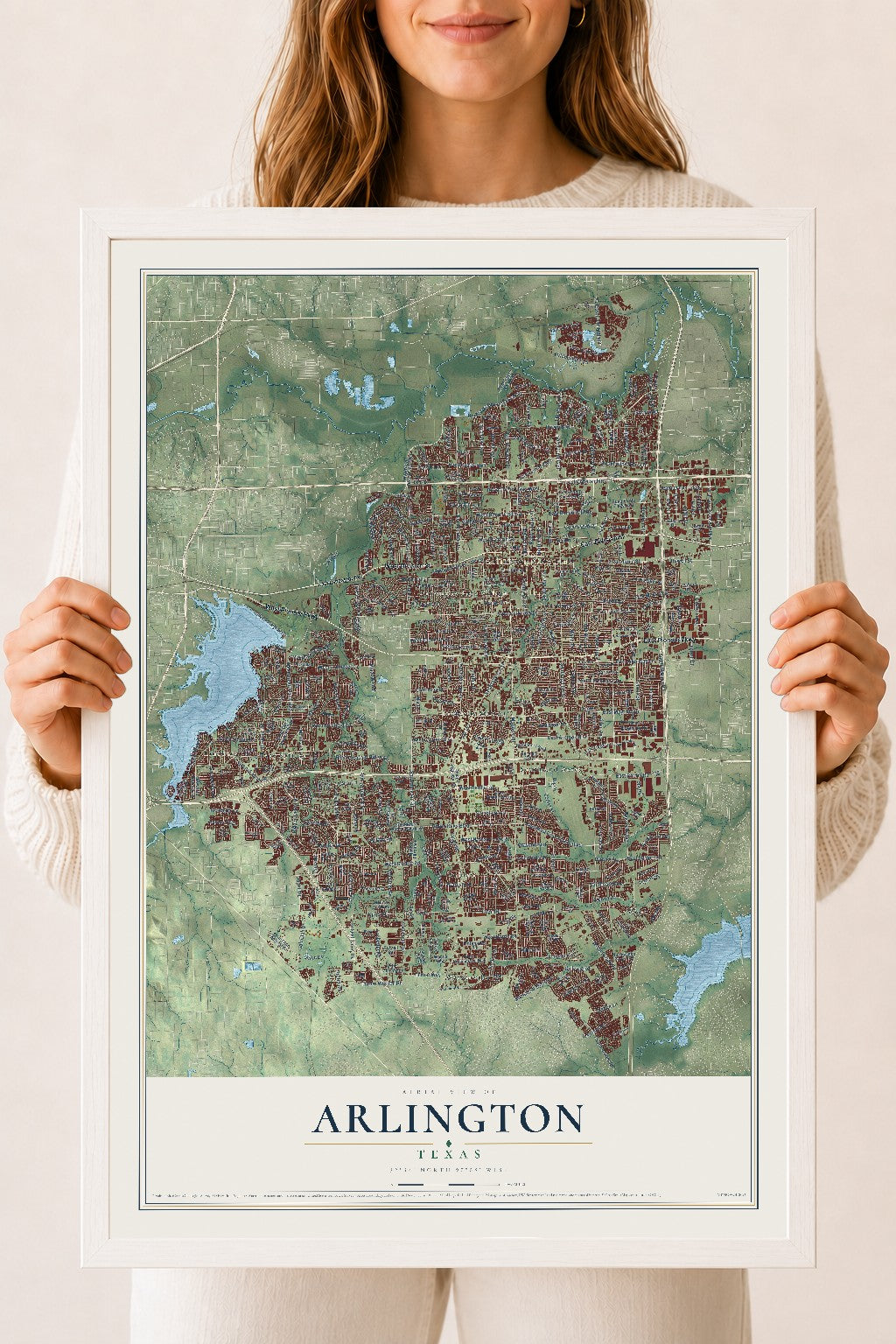 Map of Arlington, Texas, 18 x 24 inch print in a white wood frame