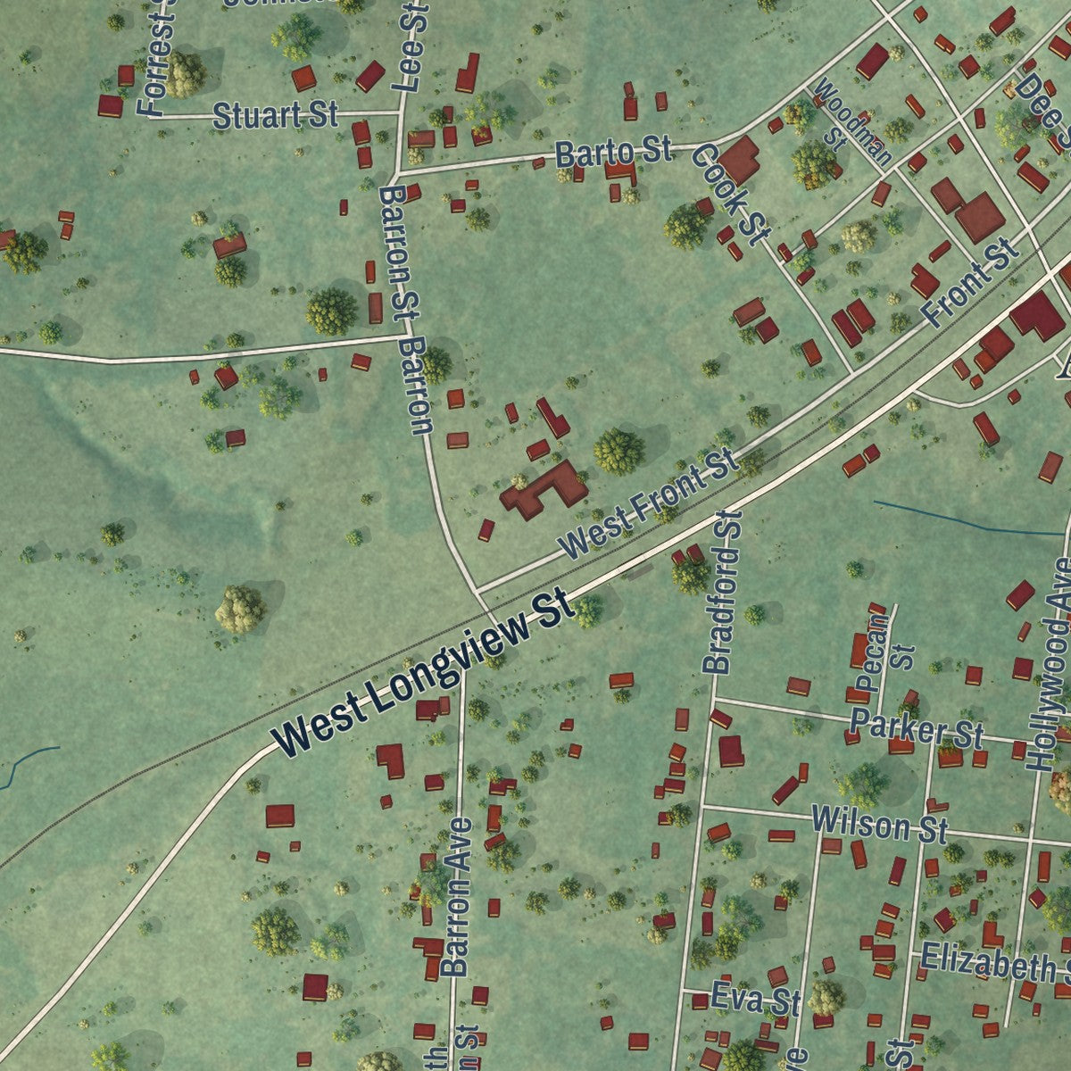 Close-up of the map of Arp, Texas print showing street and building detail