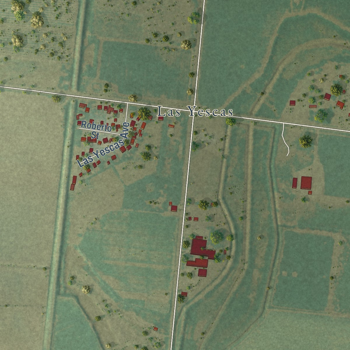 Close-up of the map of Arroyo Gardens, Texas print showing street and building detail