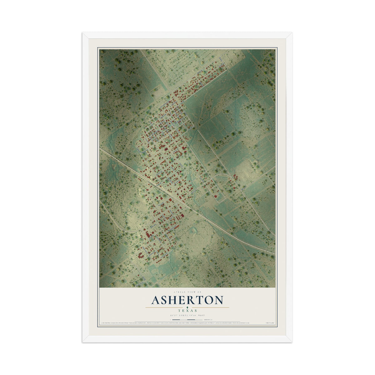 Map of Asherton, Texas, 12 x 18 inch print in a white wood frame