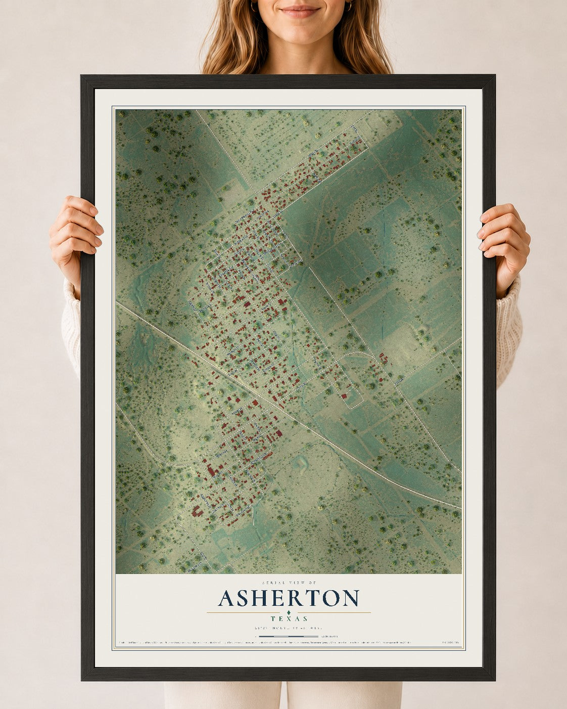 Map of Asherton, Texas, 24 x 36 inch print in a black wood frame