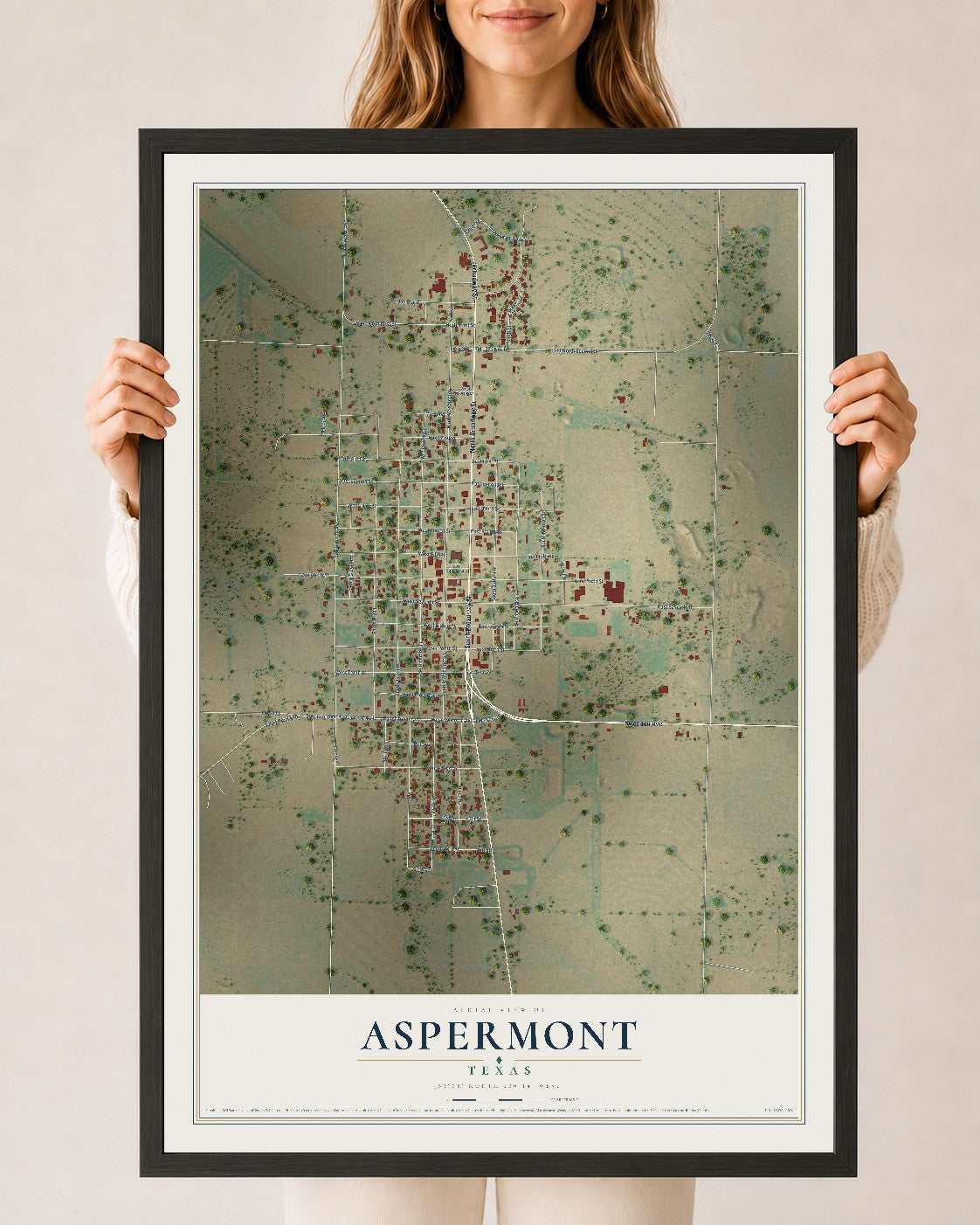 Map of Aspermont, Texas, 24 x 36 inch print in a black wood frame