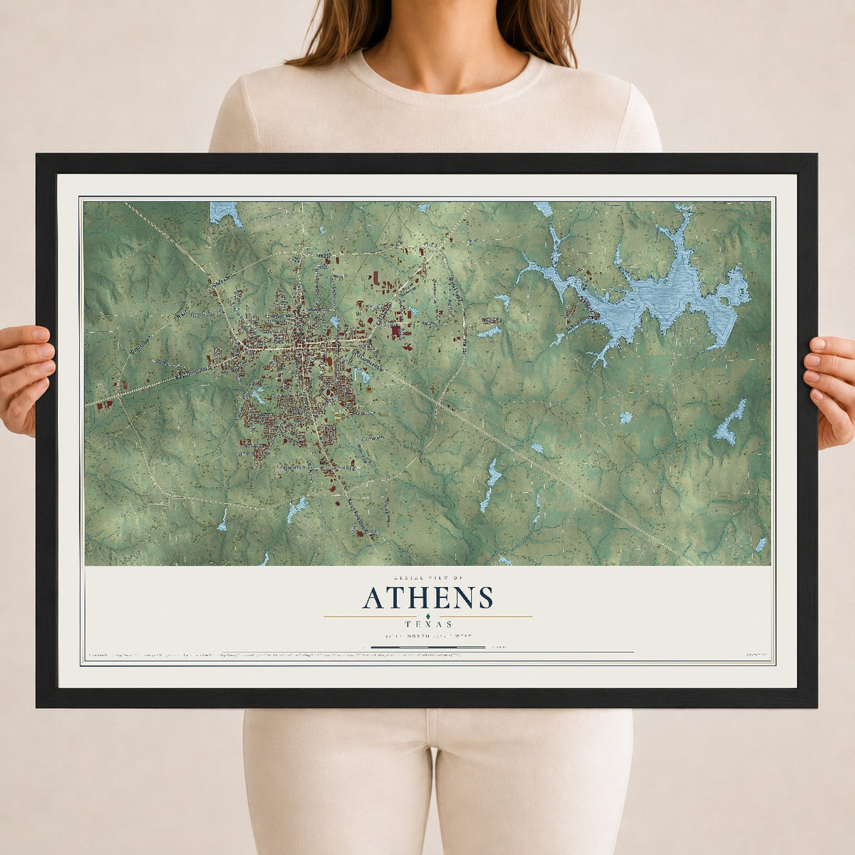 Map of Athens, Texas, 18 x 24 inch print in a black wood frame