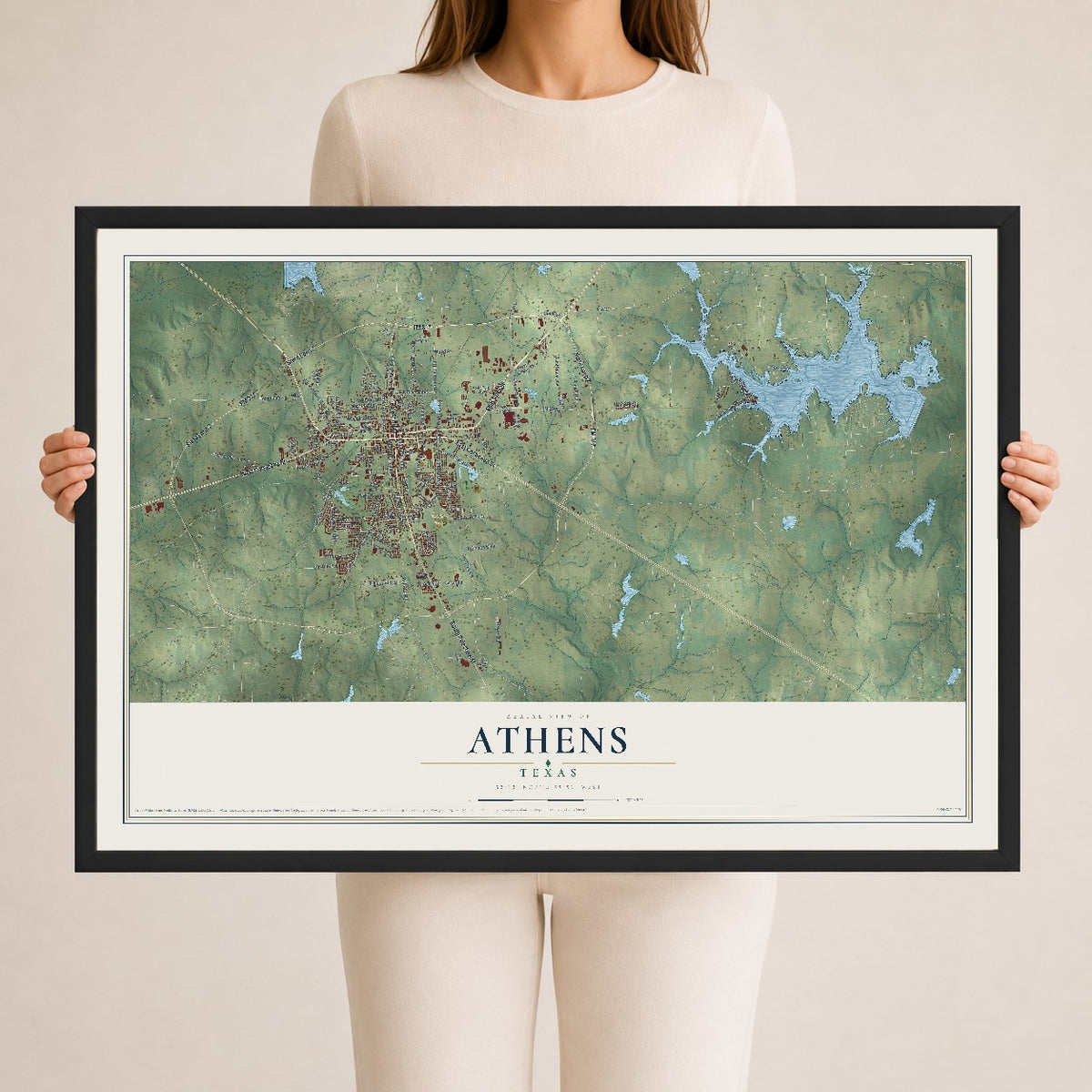 Map of Athens, Texas, 24 x 36 inch print in a black wood frame